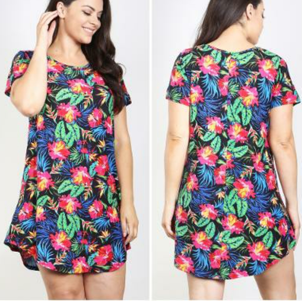 LAST 1❗Plus Size Tropical Print Black Short Dress
